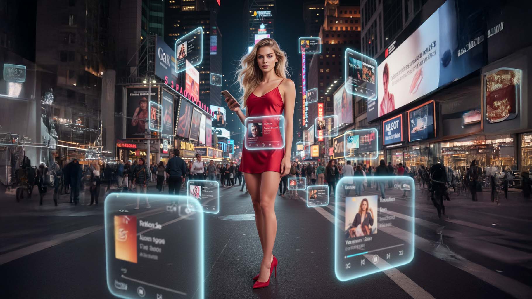 Paulina Dots caminando en entorno urbano nocturno de alto impacto visual, vestida con vestido de seda roja de diseño contemporáneo, integrando interfaces holográficas de música y arte digital, representación de moda premium, tecnología creativa y cultura visual futurista