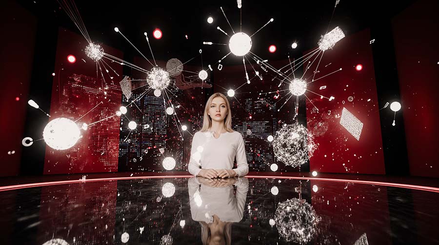 Paulina Dots junto a agentes digitales colaborando en un entorno virtual de creación