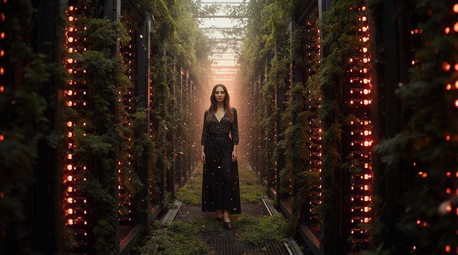 Paulina Dots caminando en una calle nocturna y lluviosa, rodeada por varias portadas de revista DOTS iluminadas a ambos lados.