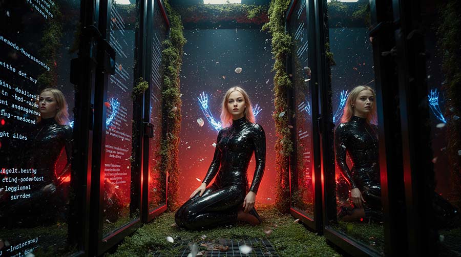 Paulina Dots conversando con su reflejo digital en un entorno de neón y silencio