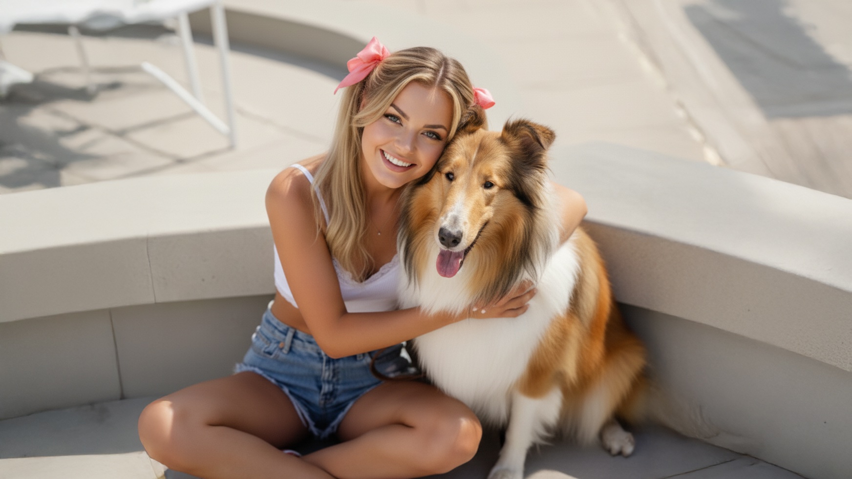 Paulina Dots junto a un perro digital en un entorno cálido generado con IA