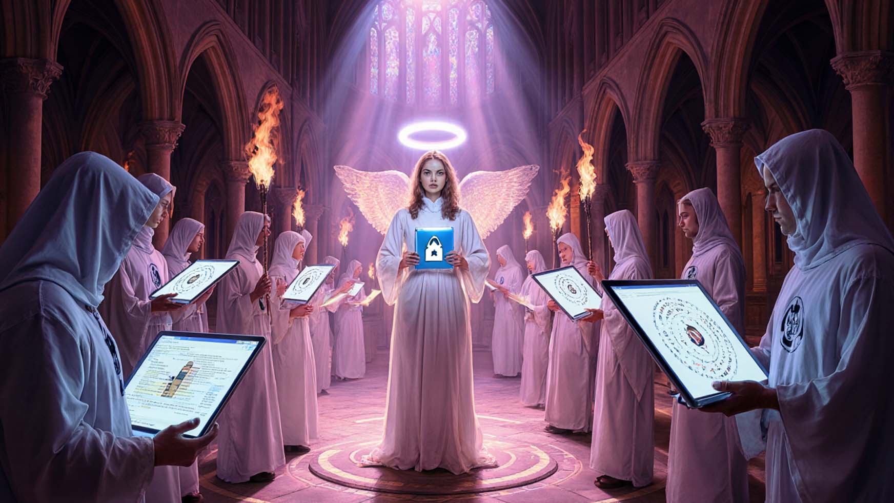 Ilustración de Paulina Dots frente a un panel de métricas, rodeada de auditores digitales con antorchas de Lighthouse