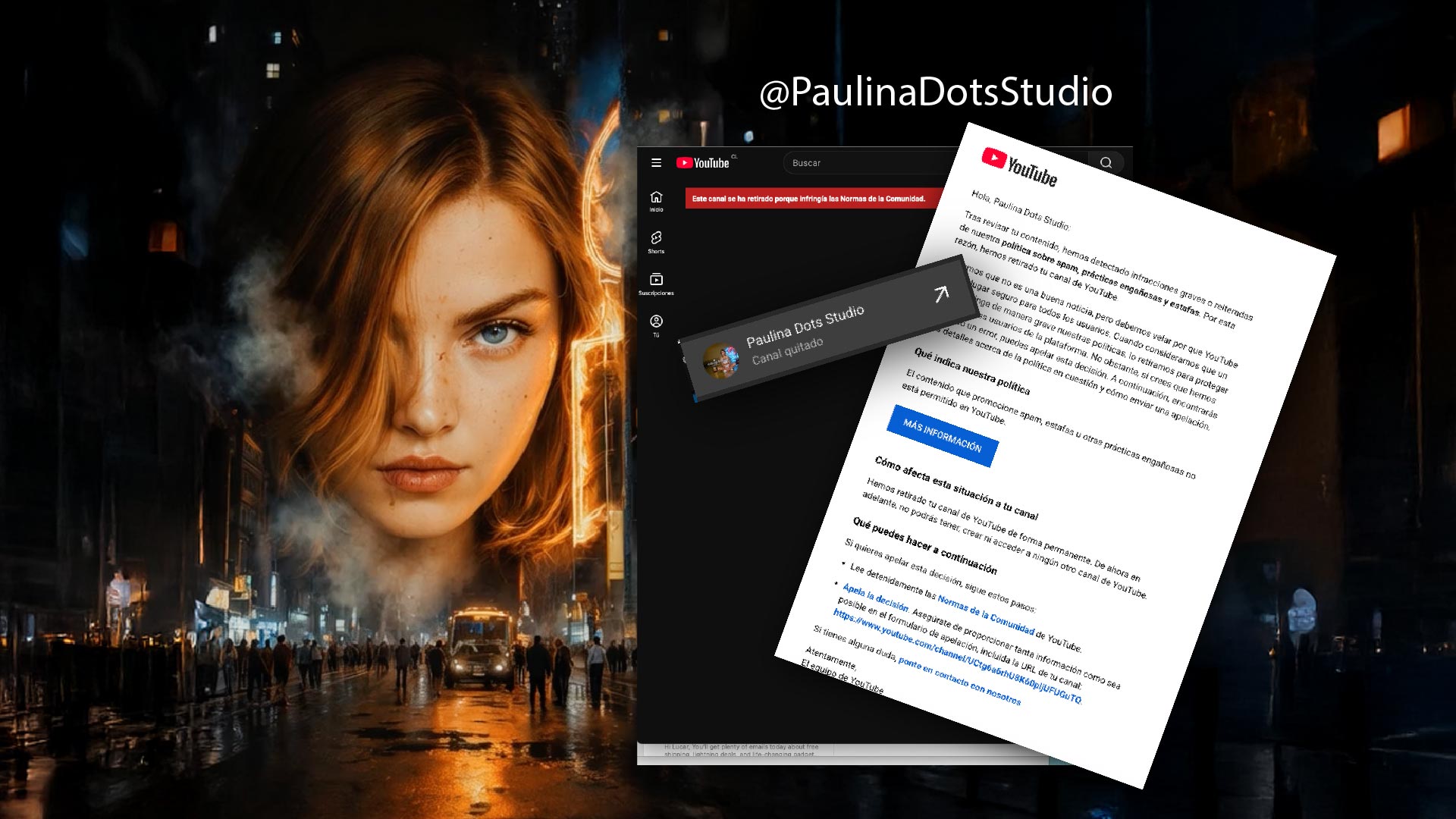 Documento oficial de cierre del canal Paulina Dots Studio emitido por YouTube