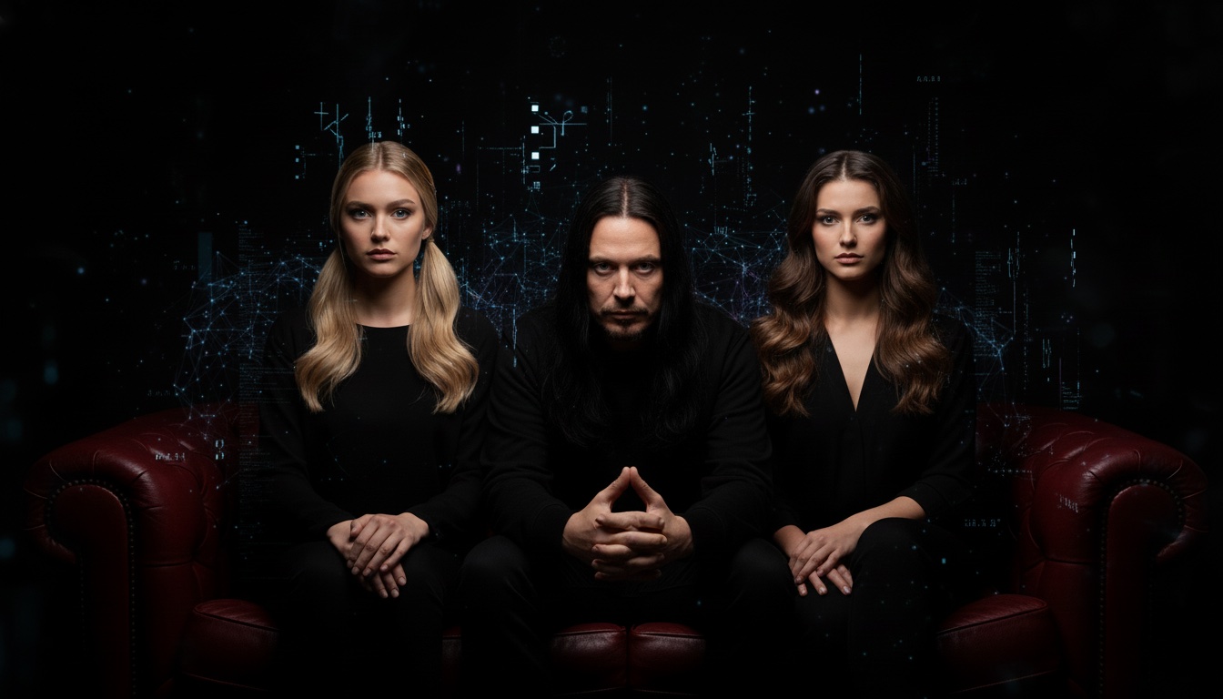 Paulina Dots, ALARSI y Viktoria Dots sentados en un sofá rojo frente a un fondo oscuro con visualización de red algorítmica, en una composición cinematográfica sobre transparencia algorítmica.