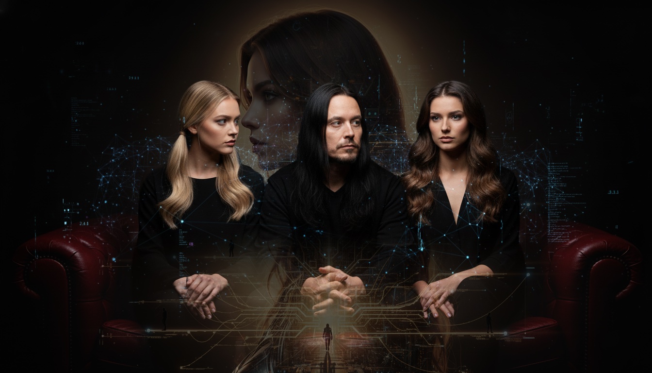 Paulina Dots, ALARSI y Viktoria Dots en una composición cinematográfica con superposición de conexiones digitales y red algorítmica, representando el mecanismo de canal relacionado en YouTube.