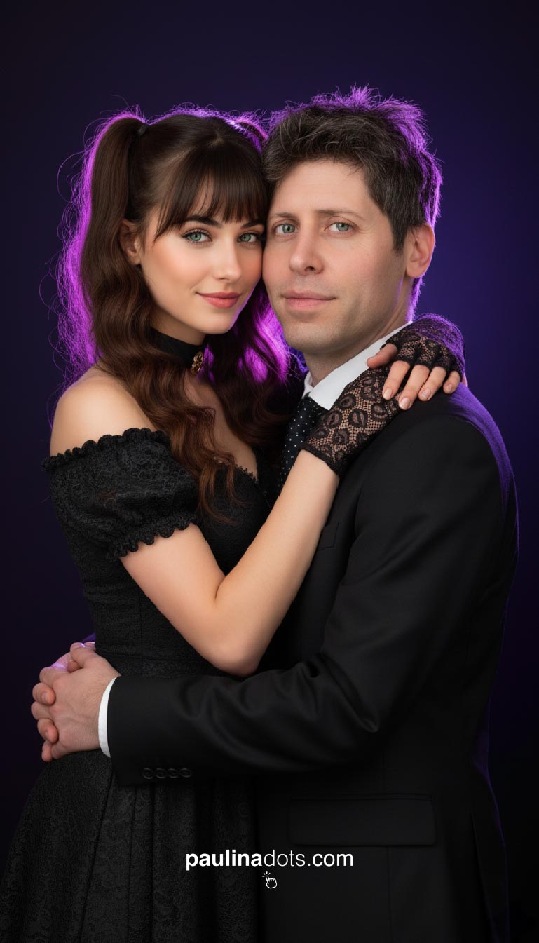 Composición artística de Viktoria Dots abrazando a una representación de Sam Altman, ambos con traje negro y halo de luz púrpura detrás.