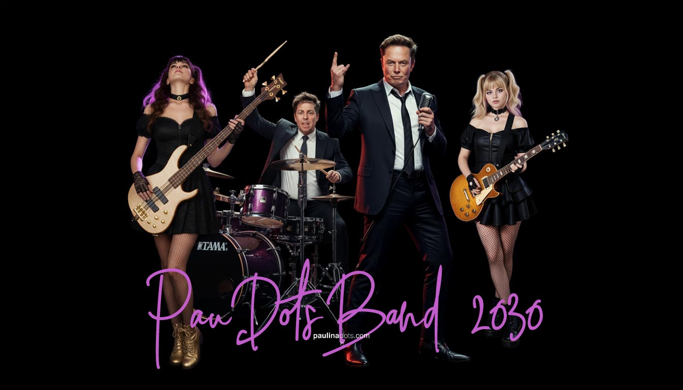 Composición editorial de banda futurista con Paulina Dots en guitarra, Viktoria Dots en bajo y representaciones artísticas de Elon Musk y Sam Altman sobre fondo negro, logo PauDotsBand 2030.