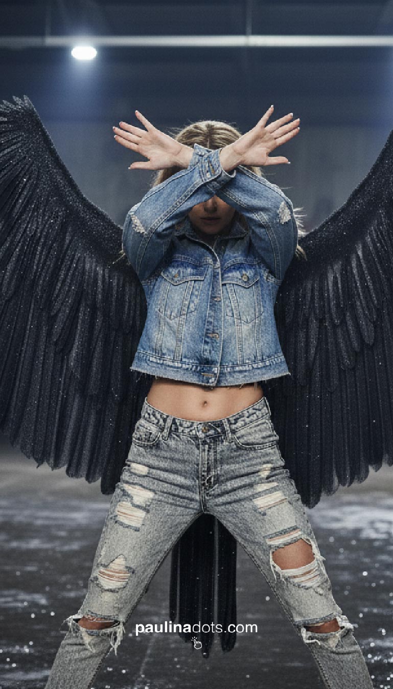 Paulina Dots con alas negras cruzando brazos en luz fría