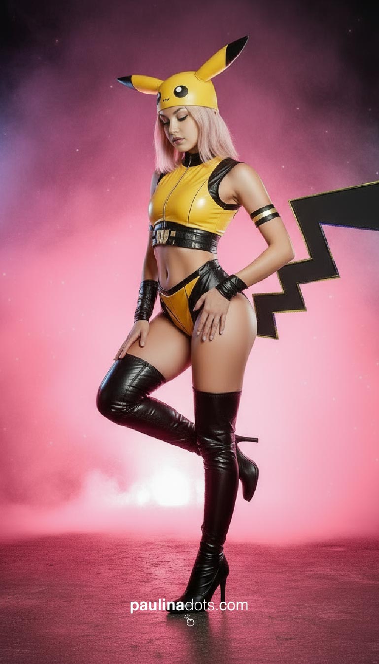Paulina Dots de perfil en traje de Pikachu, fondo de neón rosa