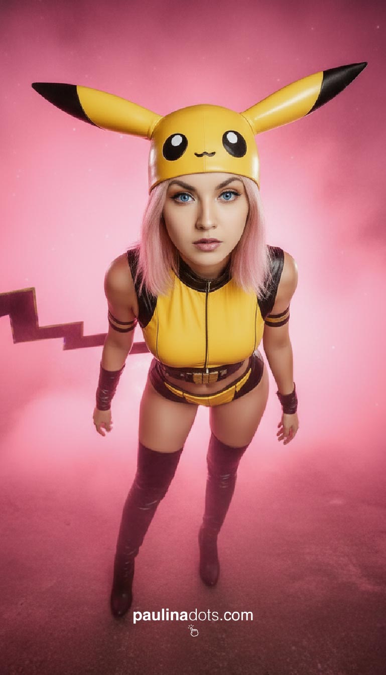 Paulina Dots posando como Pikachu en estudio gris minimalista
