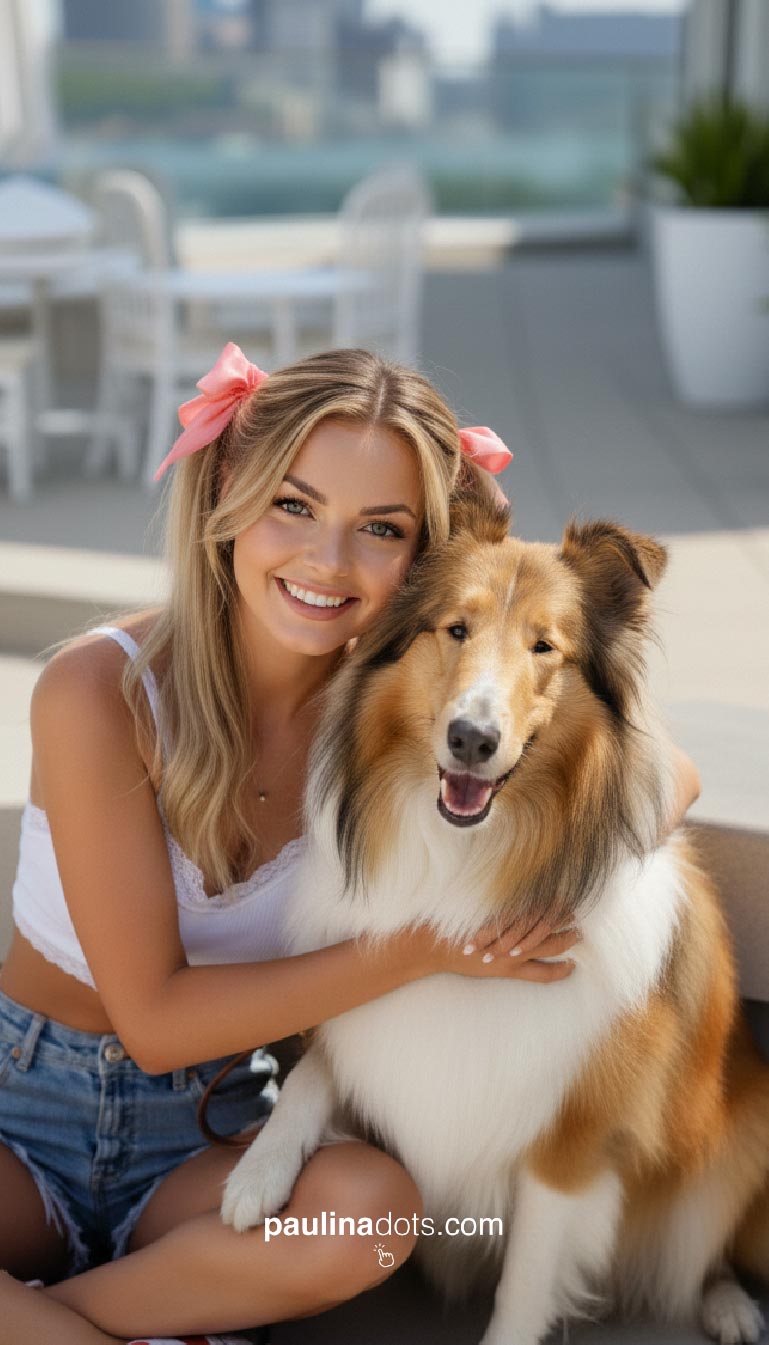 Paulina Dots sentada junto a su collie sonriendo al sol