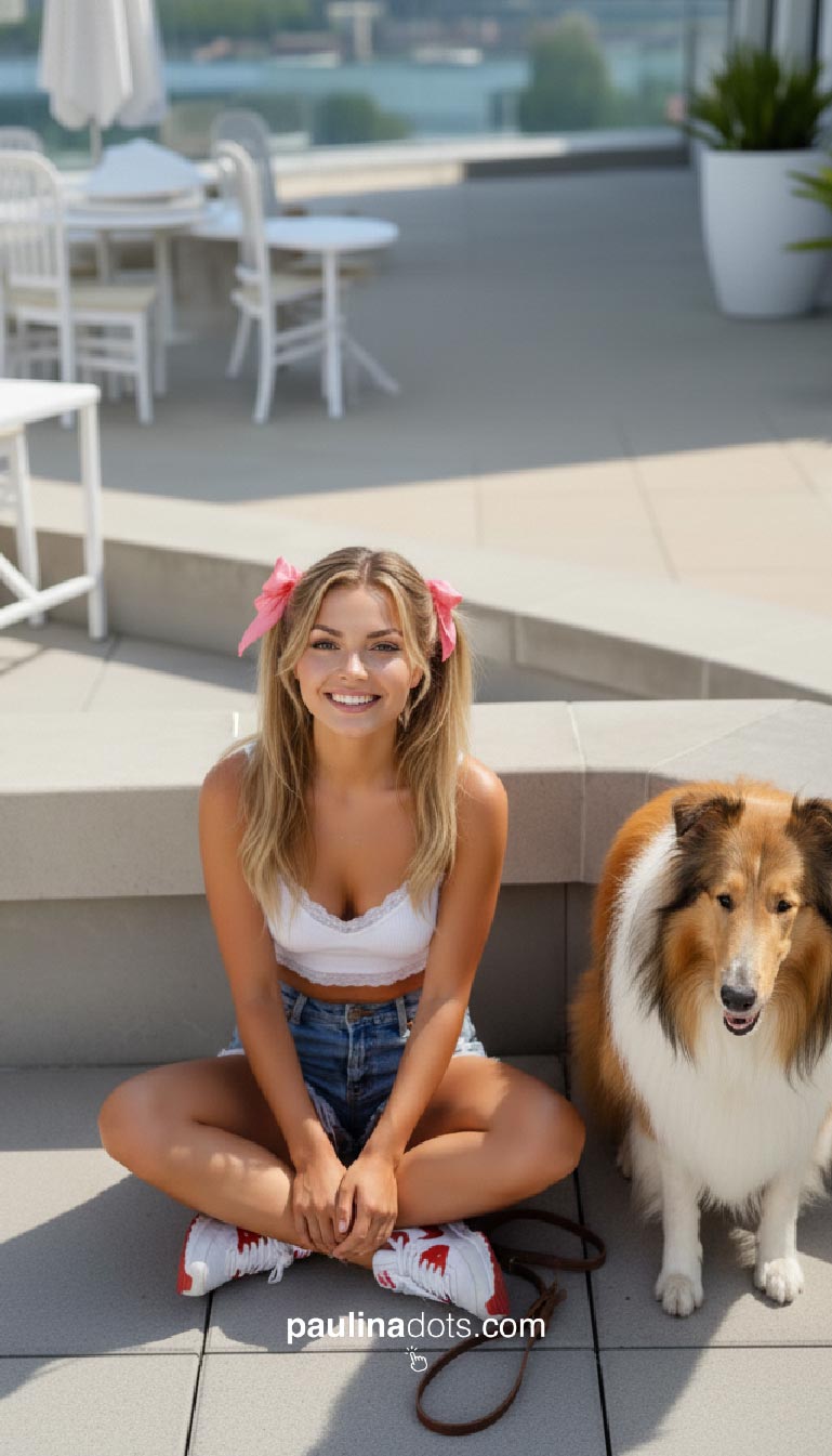 Paulina Dots vista desde atrás caminando junto a su collie