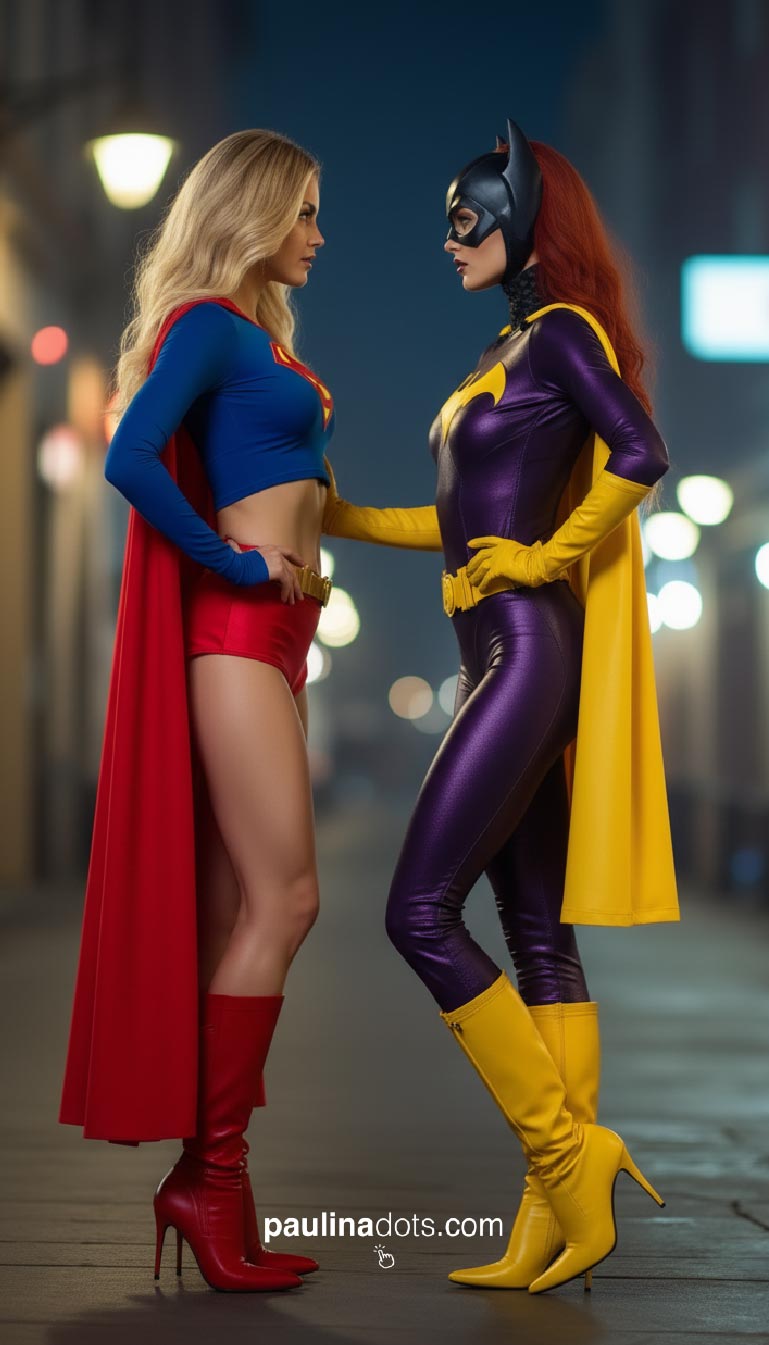 Las Super Influencers Viktoria Dots como Batgirl hace el signo de paz detrás de Paulina Dots como Supergirl mientras ambas sonríen