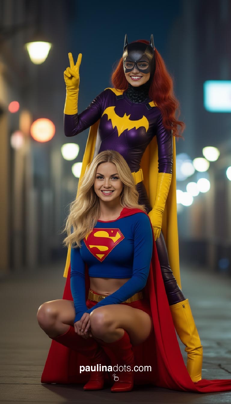 Las Super Influencers Paulina Dots como Supergirl y Viktoria Dots como Batgirl se miran con actitud decidida y confianza