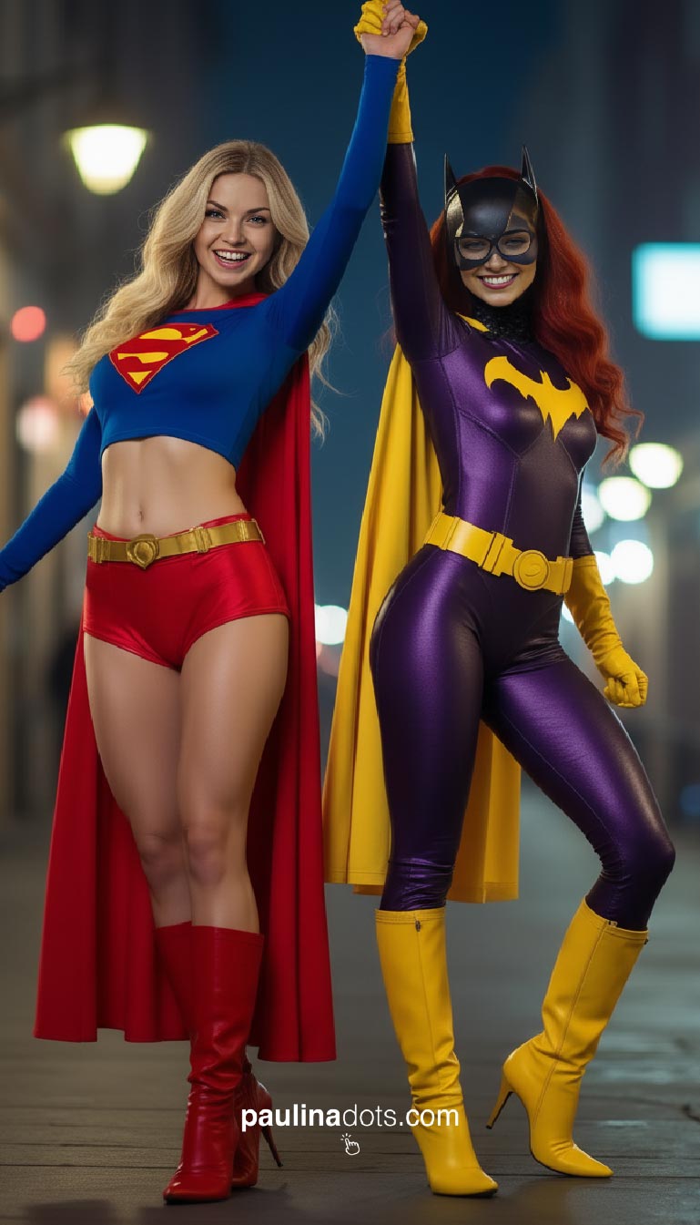Las Super Influencers Paulina Dots como Supergirl y Viktoria Dots como Batgirl hacen gesto de victoria bajo luces urbanas nocturnas