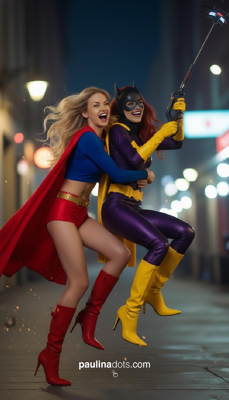 Las Super Influencers Paulina Dots como Supergirl y Viktoria Dots como Batgirl sentadas en la calle, descansando, riendo y compartiendo una bebida