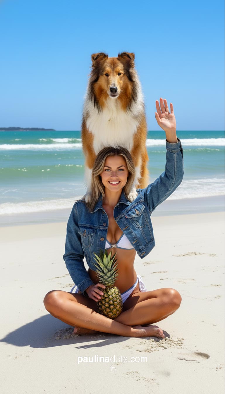 Paulina Dots en bikini blanco chaqueta estilo levis con con un Scotch collie, disfrutando de la playa.