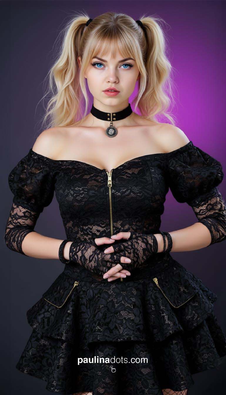 Primer plano de Paulina Dots inclinada hacia adelante, choker con medallón y vestido de encaje negro, expresión dulce y segura