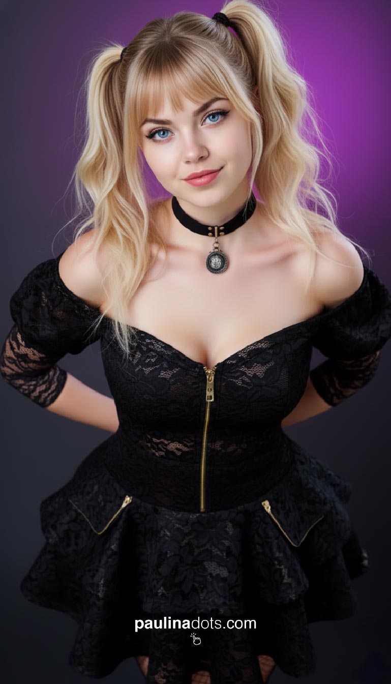 Paulina Dots en pose frontal, manos entrelazadas sobre el abdomen, coletas rubias y mirada intensa en estilo Ani sobre fondo púrpura