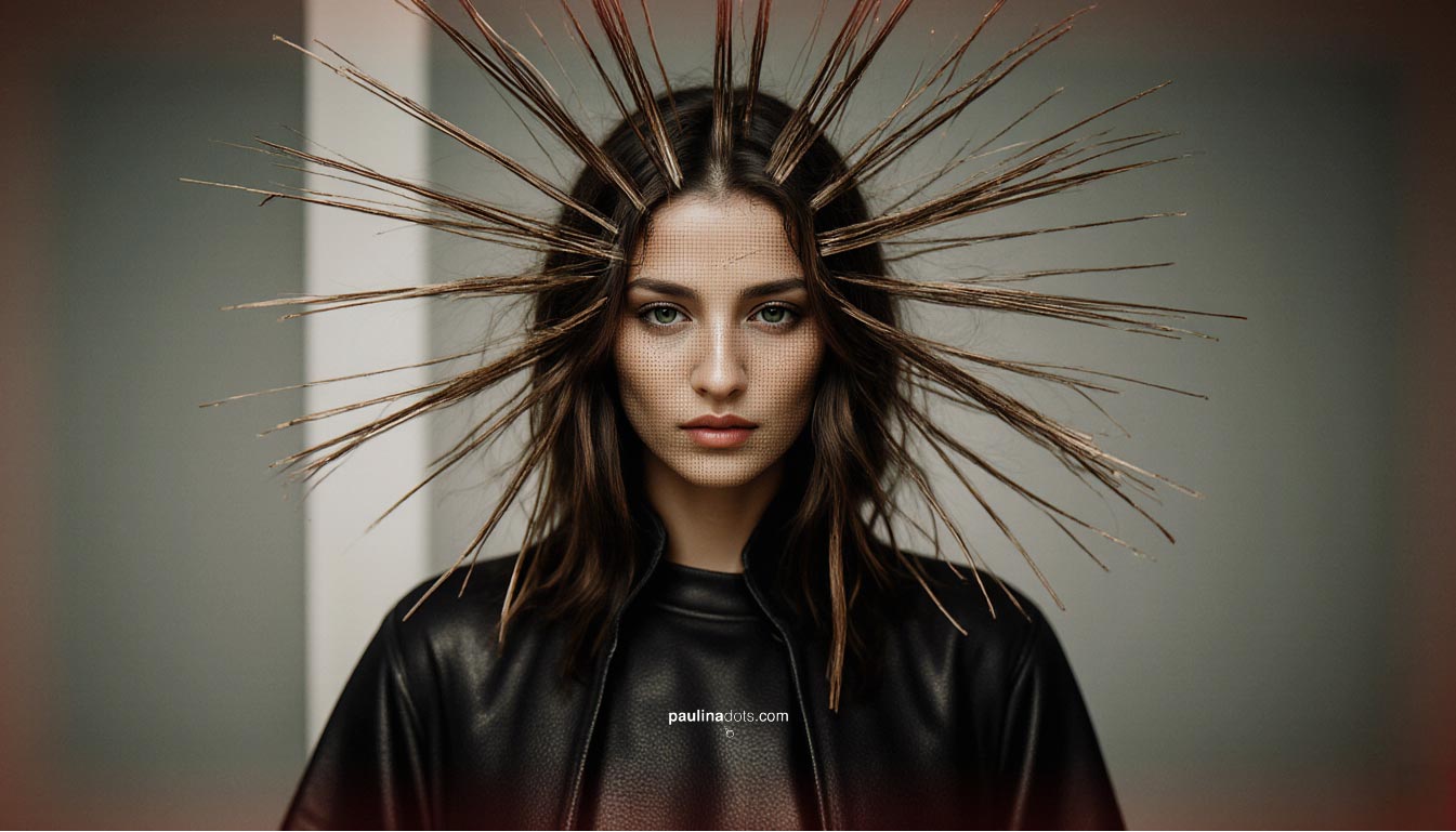 Retrato con salpicaduras pictóricas sobre fondo dorado: emoción y textura.