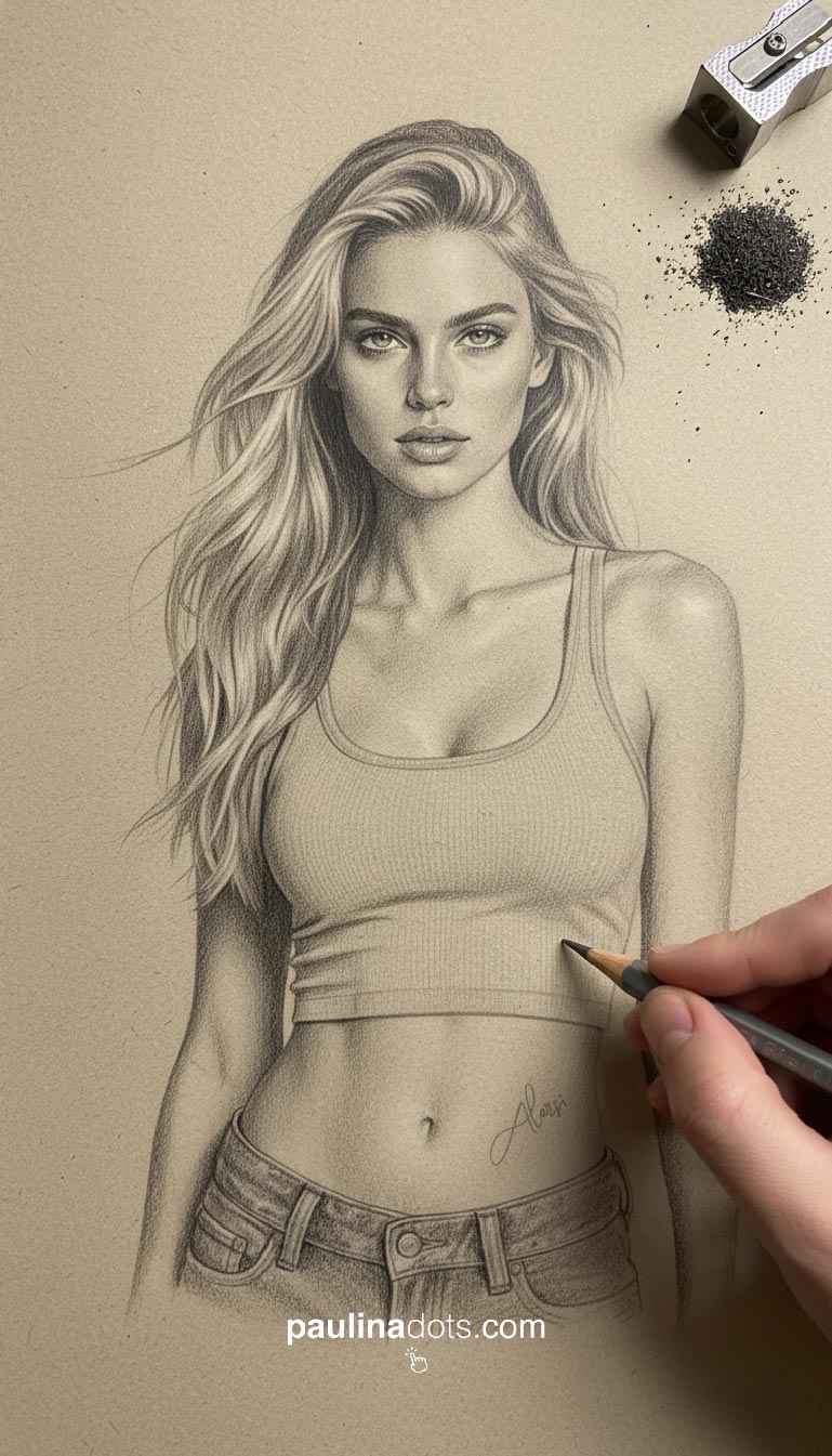 Detalle de proceso creativo: gesto, lápiz y textura de papel en lenguaje editorial de atelier.