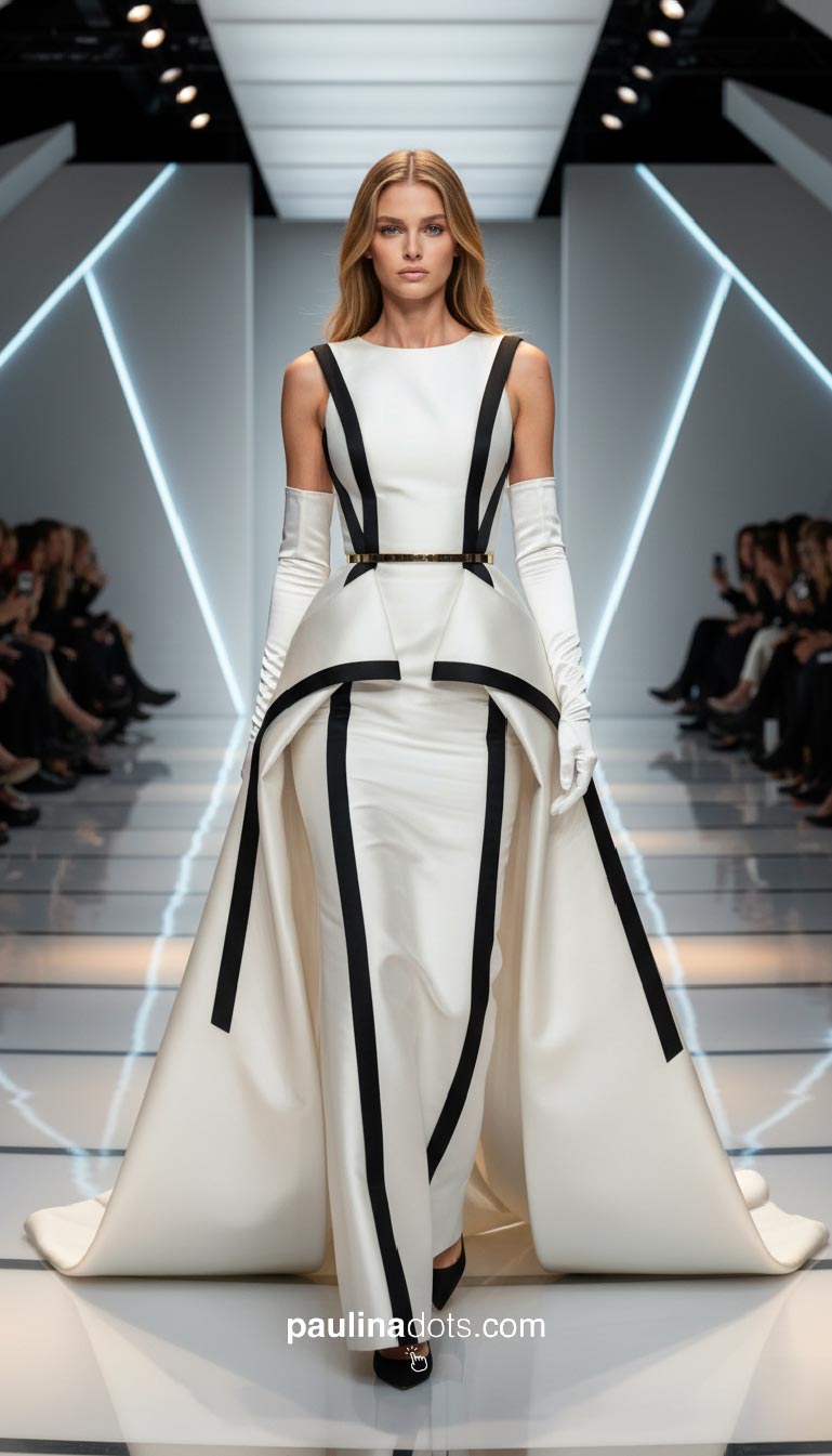 Paulina Dots model fashion desfilando con vestido blanco y negro en pasarela futurista estilo Dior.