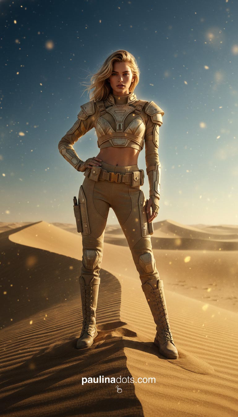 Paulina Dots de pie en el desierto, vista heroica.