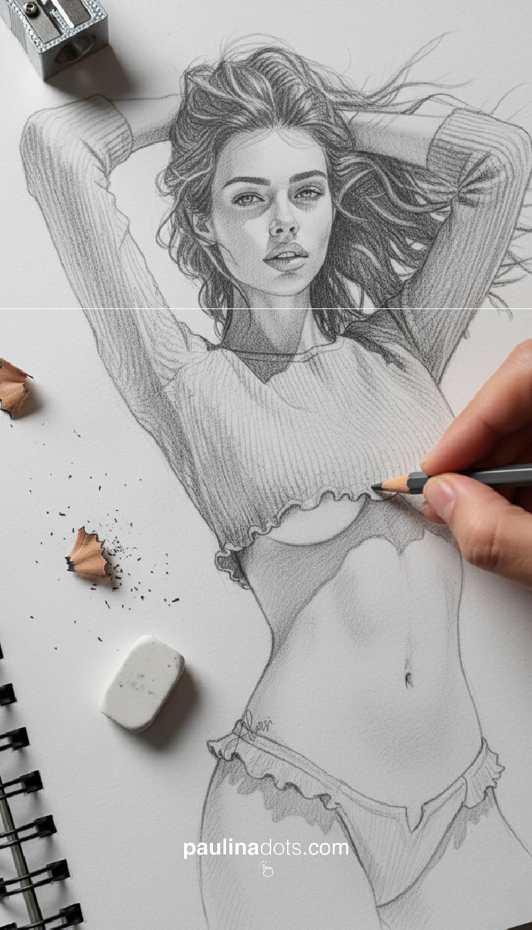 Boceto a lápiz estilo fashion illustration: Viktoria Dots con top tejido y bikini, composición tipo sketchbook con textura de grafito.