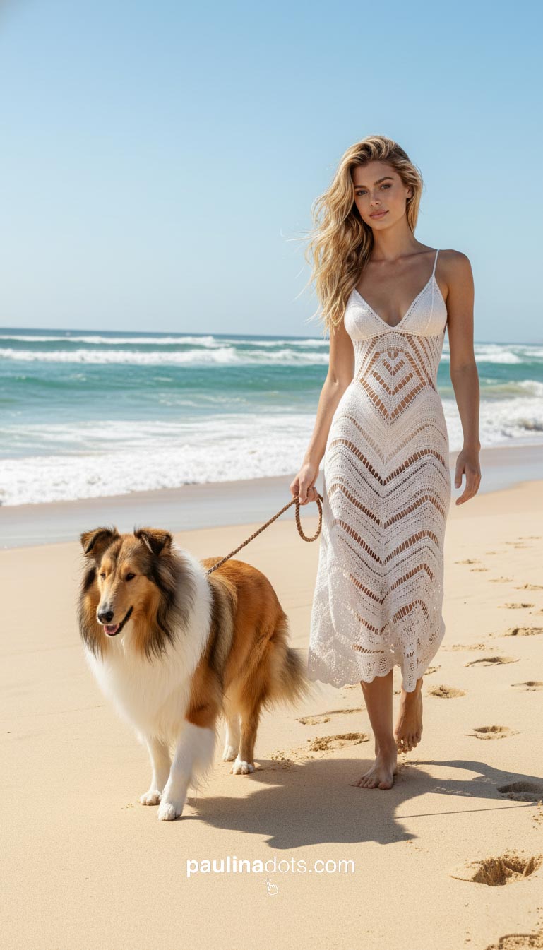 Perfil de Paulina Dots sosteniendo un smartphone rojo con logotipo minimalista tipo Tesla, tomada en la orilla del mar.