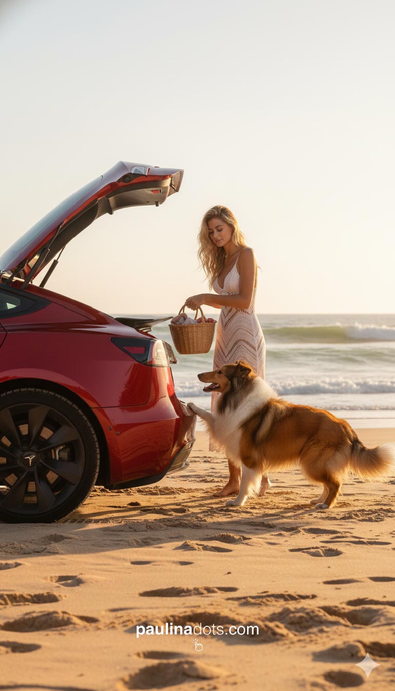 Retrato frontal de Paulina Dots con vestido de crochet blanco, cabello al viento y olas rompiendo detrás.