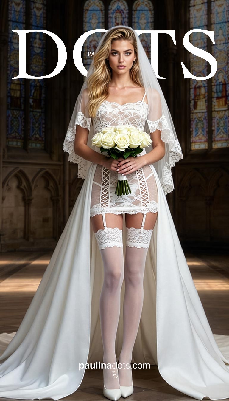 Paulina Dots en vestido nupcial con guitarra eléctrica frente a un fondo de catedral con luz dramática.