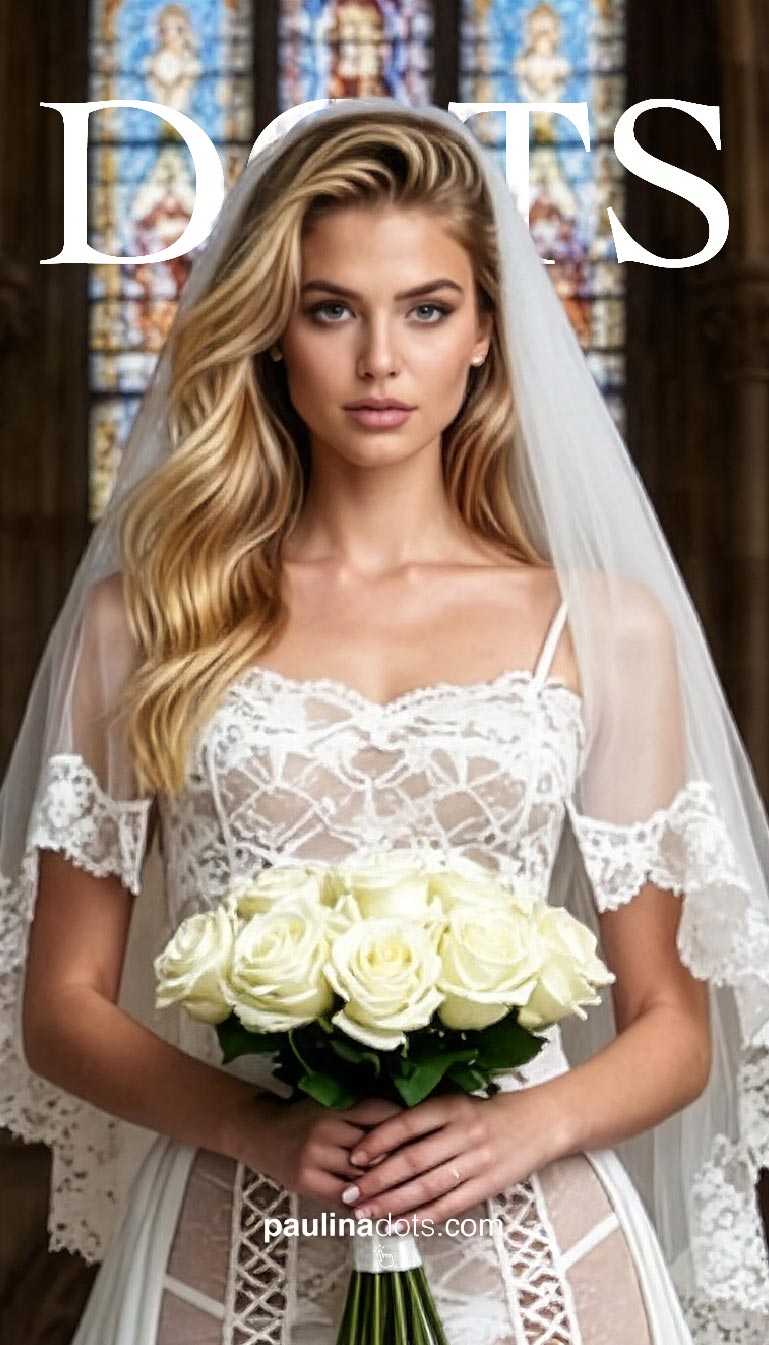 Paulina Dots en retrato editorial: velo, encaje y ramo de rosas blancas con tipografía DOTS al fondo.