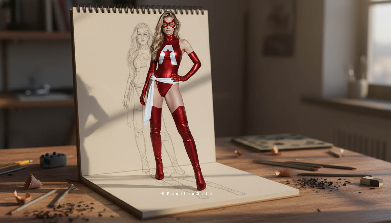 Captain Dots emergiendo visualmente desde un cuaderno de dibujo en un escritorio.