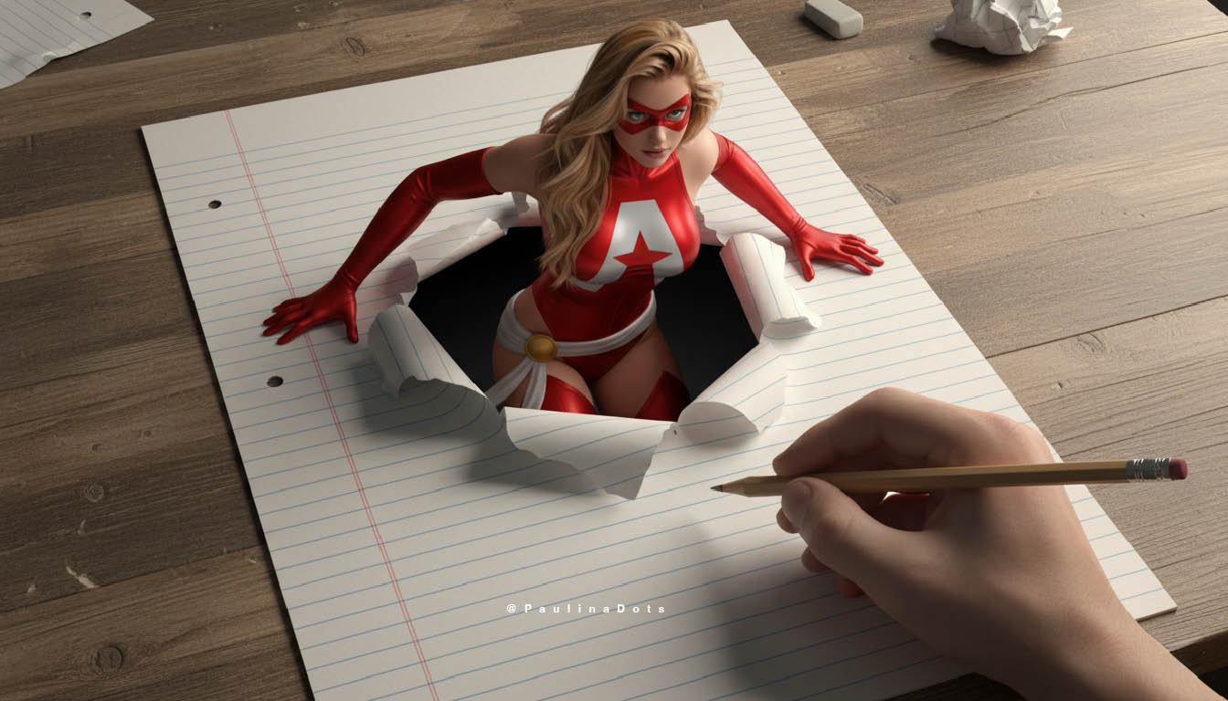 Captain Dots emergiendo desde una hoja de cuaderno como si rompiera el papel.