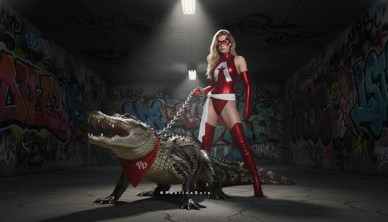 Captain Dots junto a un caimán en un túnel urbano intervenido con graffiti.