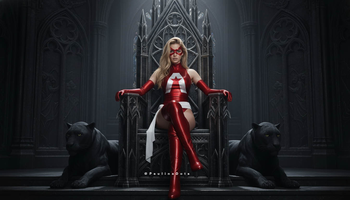 Captain Dots sentada en un trono gótico con una atmósfera oscura y monumental.