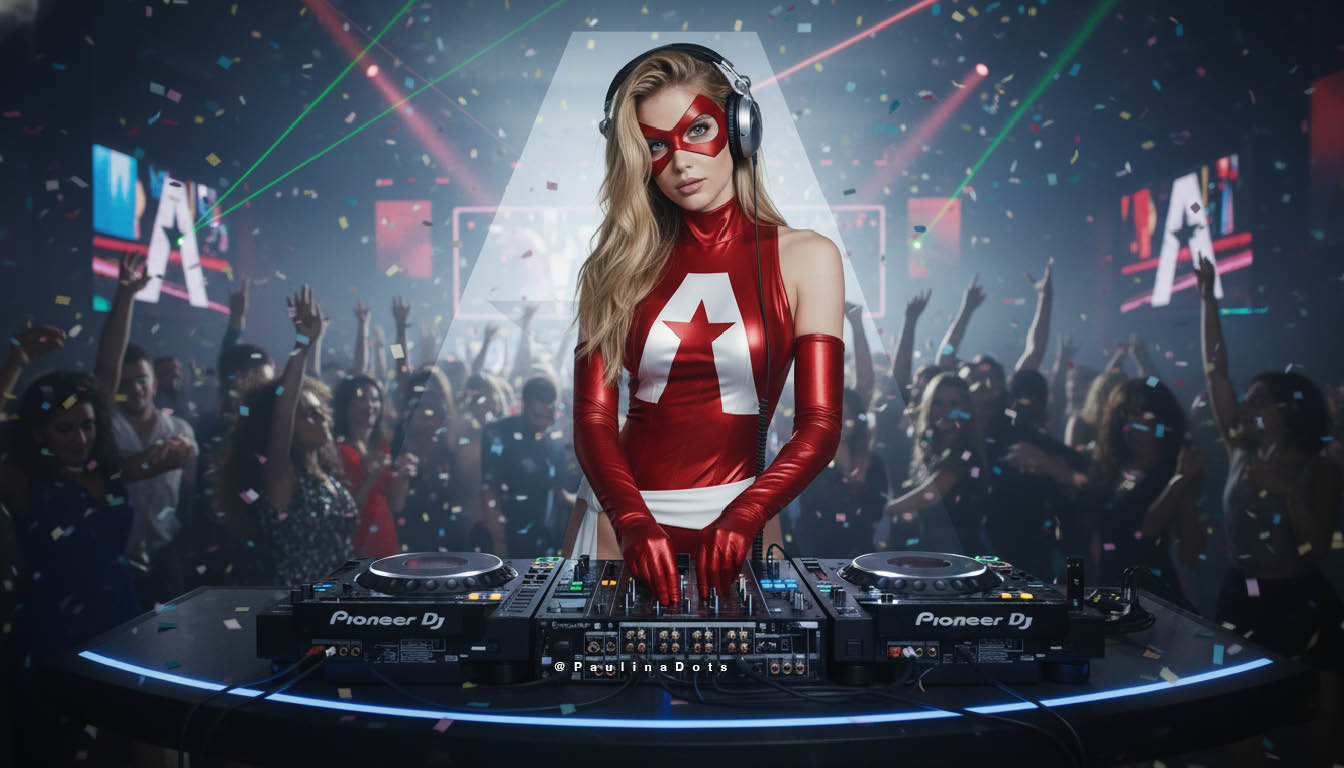 Captain Dots como DJ en una escena festiva con luces y público.