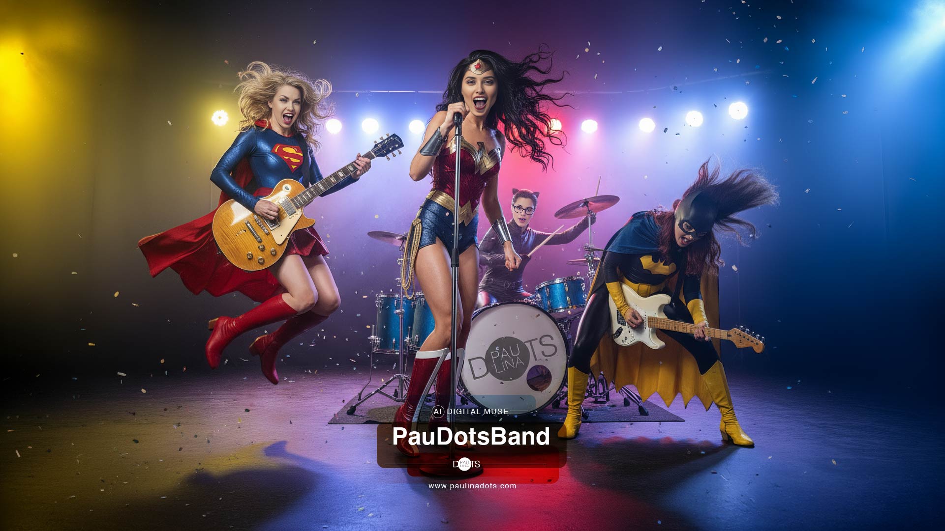 Paulina Dots as Supergirl playing a Gibson Les Paul guitar live on stage with PauDotsBand