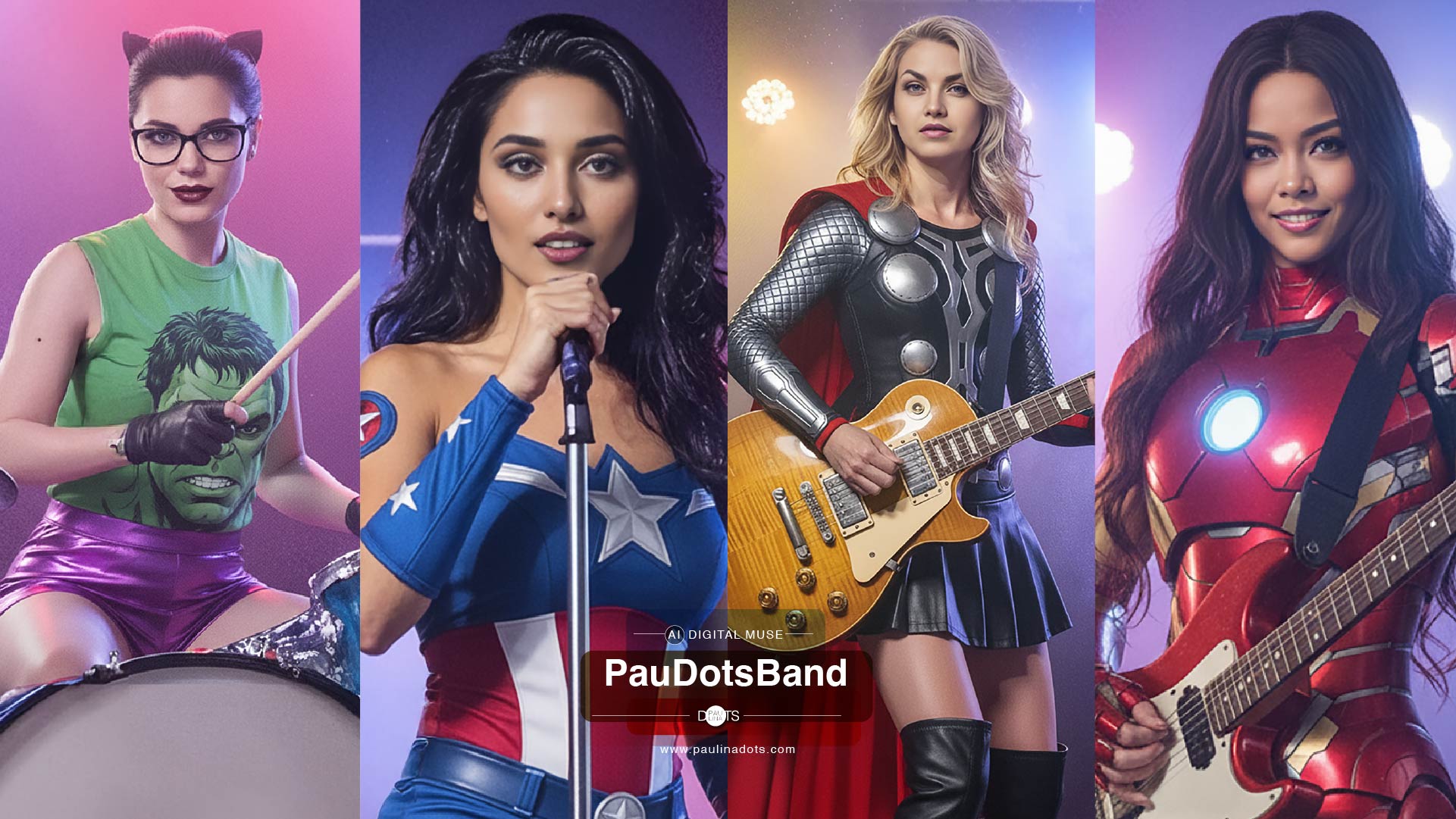 Cosplay portraits of PauDotsBand members as Hulk, Captain America, Thor, and Iron Man