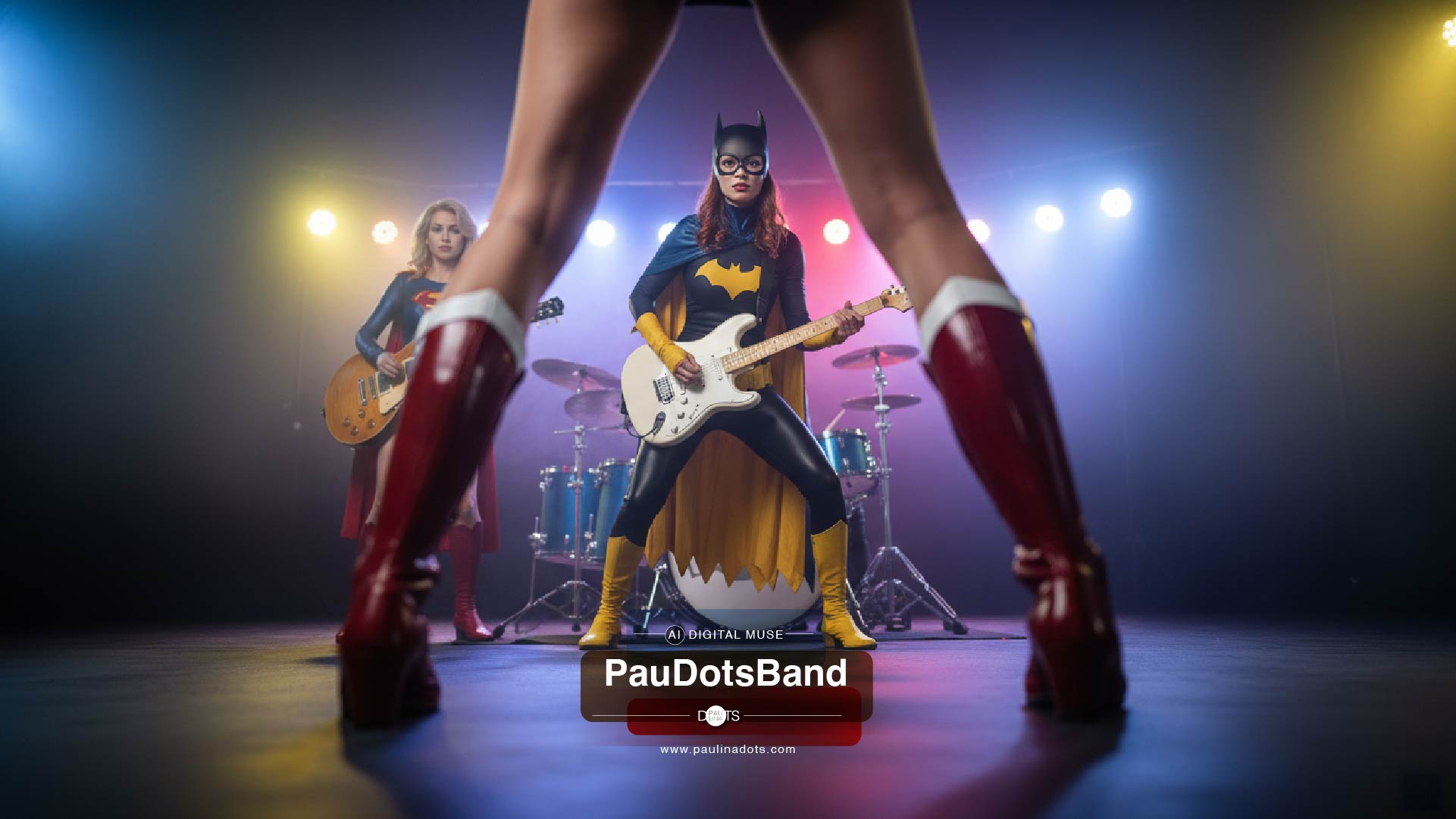 Dotsy on bass framed by the red boots of the lead singer in PauDotsBand live show