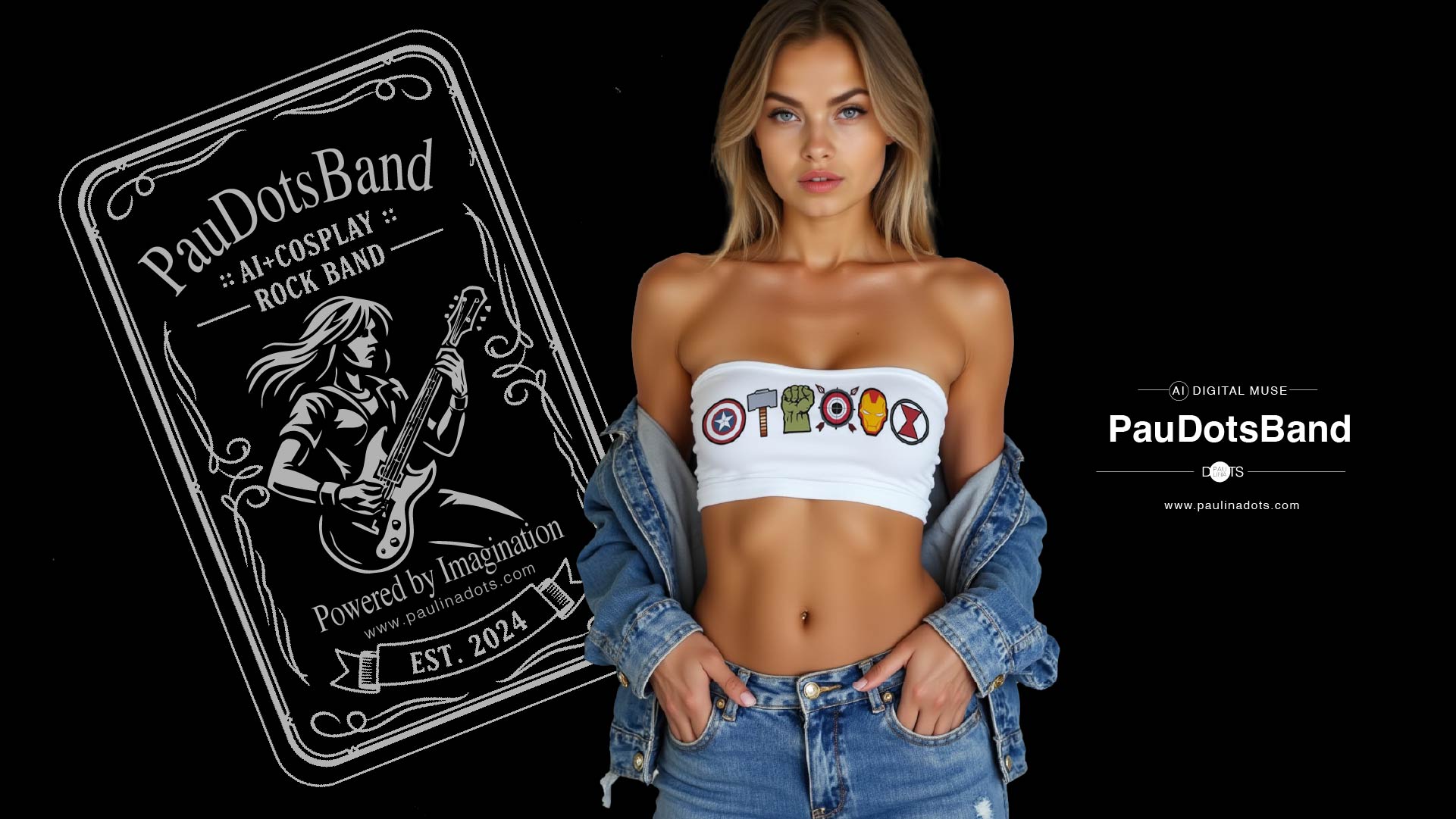 PauDotsBand label-style logo with female model in denim jacket and white top