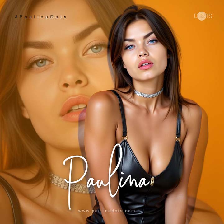Paulina Dots — vibrant and witty with sapphire blue eyes and honey-blonde hair; bold charisma and editorial energy