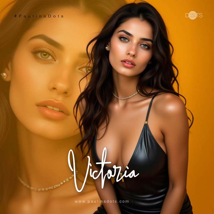 Victoria Dots — mysterious and magnetic presence with emerald green eyes and wavy alerce-toned hair; intuitive elegance in editorial mode