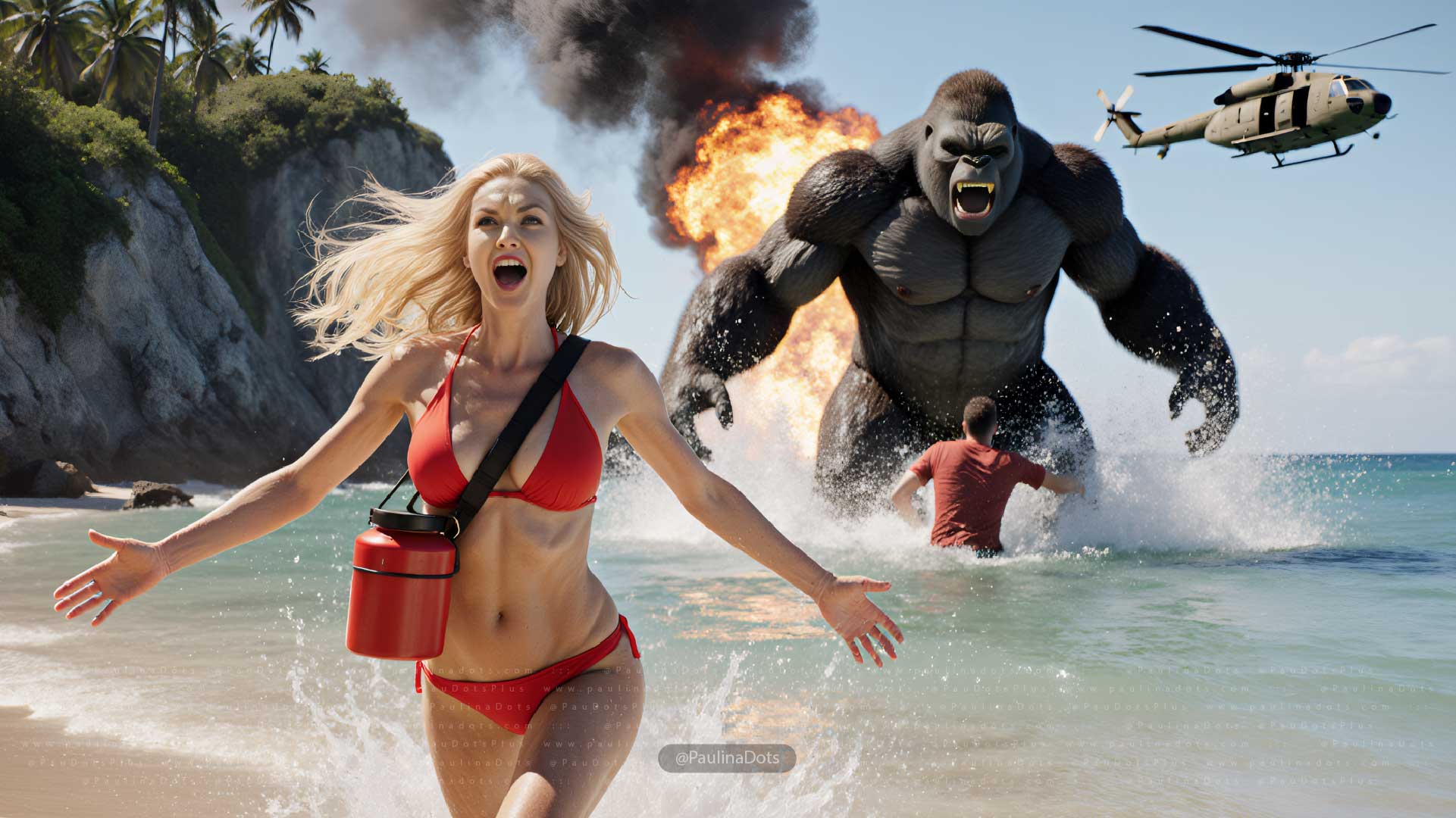 Paulina Dots running along the beach in a red swimsuit, escaping from a giant Horangutan reminiscent of King Kong — a scene from the video 'Run Paulina, Run!'