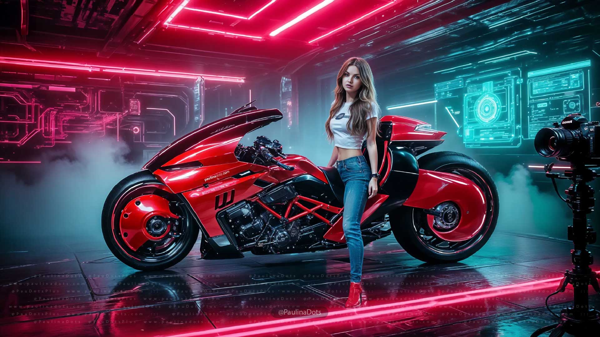 Victoria Dots next to a red futuristic motorcycle inspired by Akira, designed by James Qiu for Ducati; white crop top, neons and technical screens evoke cyberpunk aesthetics and speed