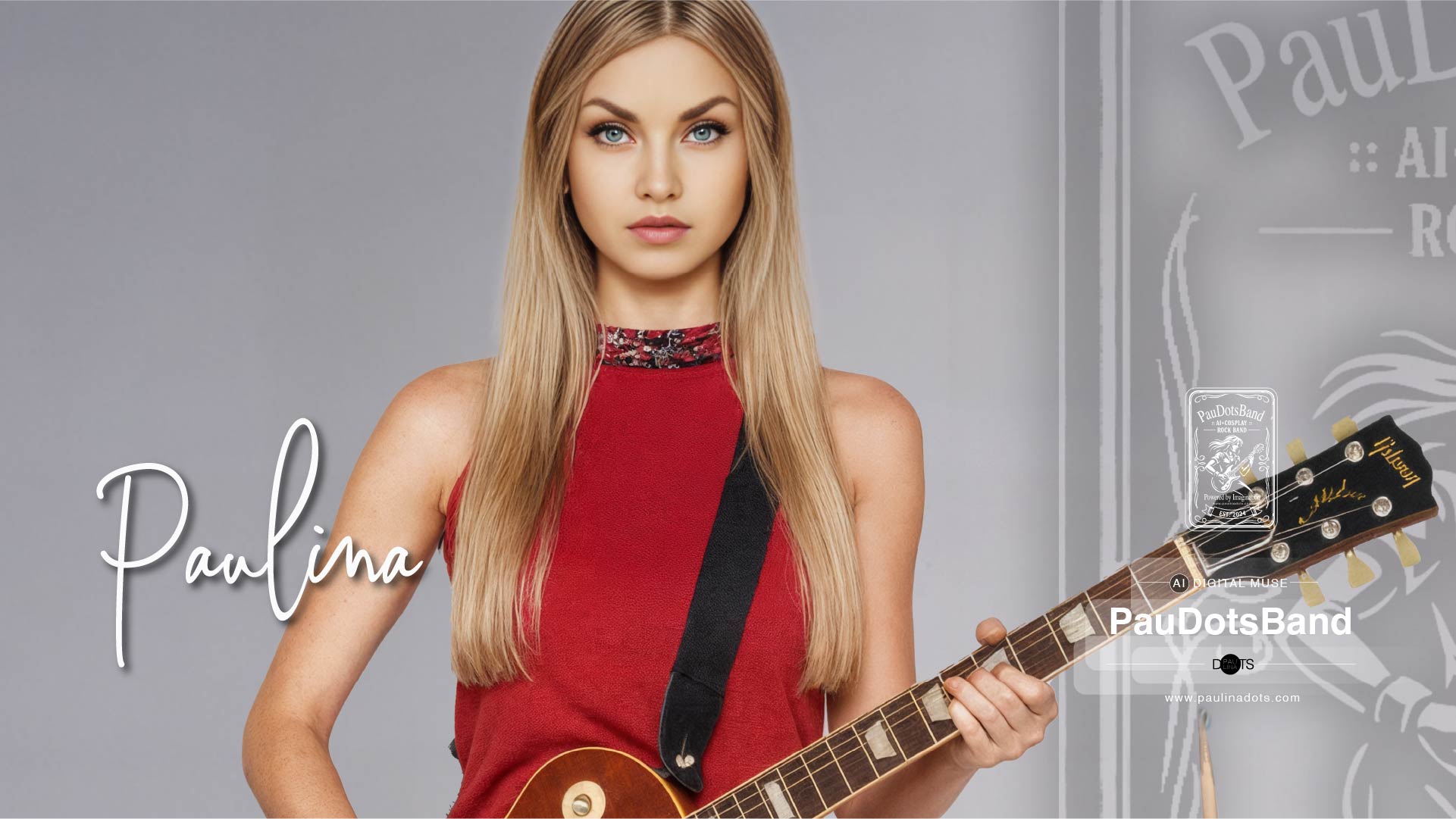 Paulina Dots in red top and black leather jeans playing a Gibson Les Paul with vibrant energy on stage