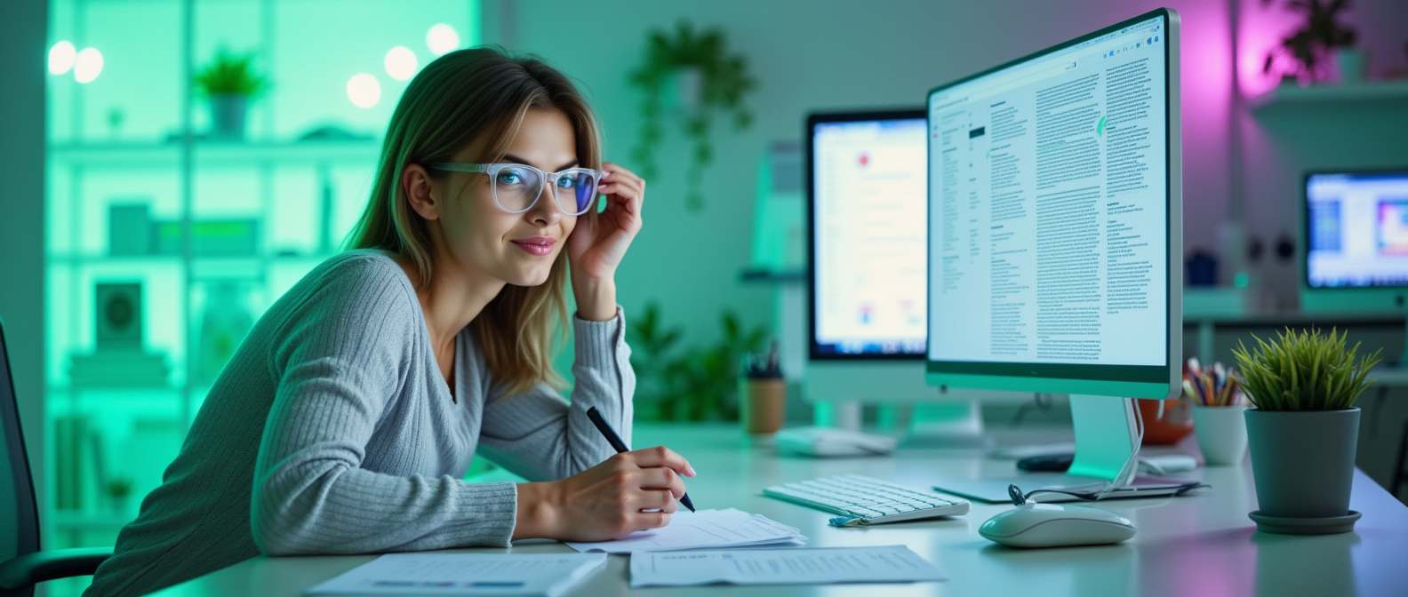 Paulina escribiendo en una consola futurista