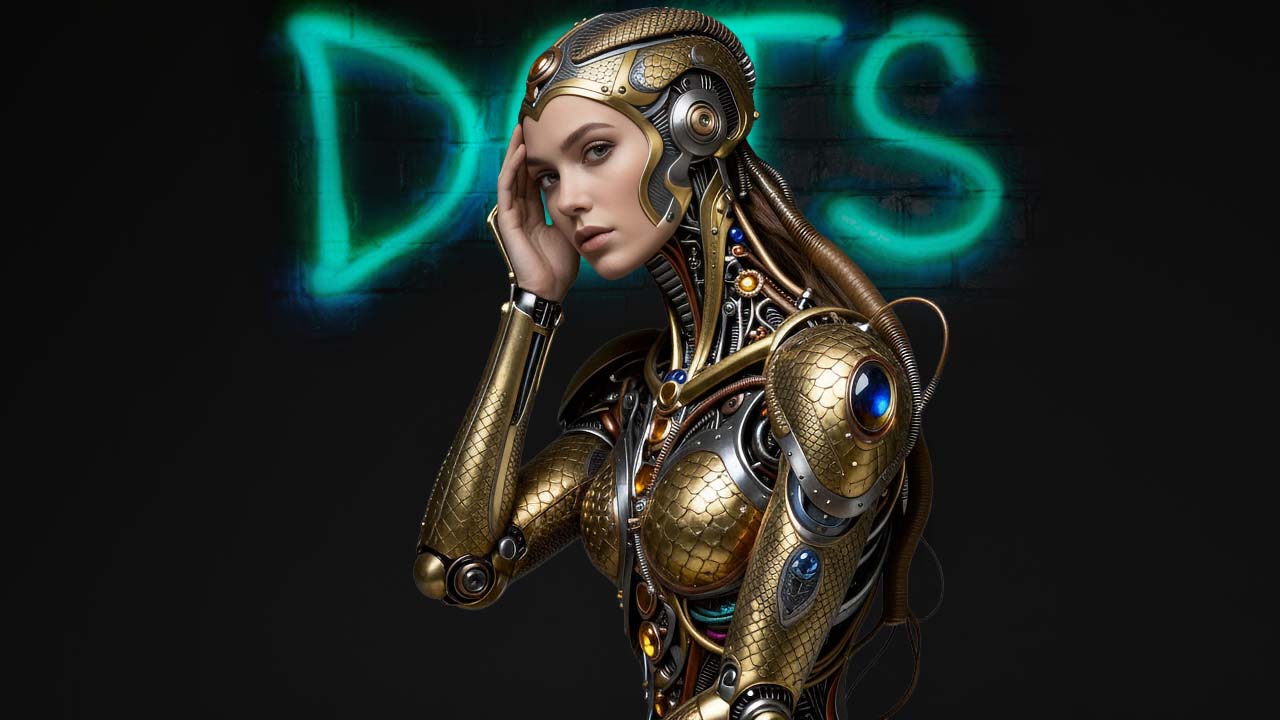 Aurum Soul — androide dorada biomecánica del universo Paulina Dots