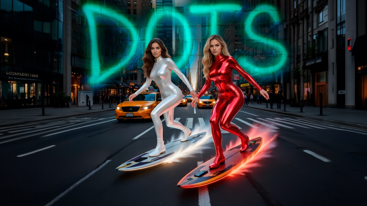 Sin Chat GPT — Paulina Dots y Viktoria Dots en viaje futurista con estética rojo y blanco intenso