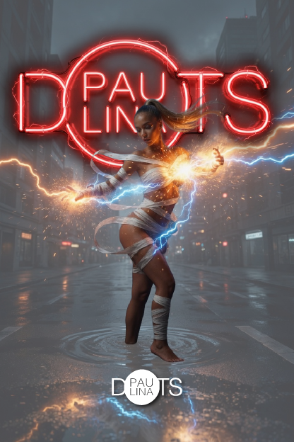 Paulina Dots generando energía eléctrica con rayos azules y naranjas en una calle nocturna mojada, envuelta en vendajes blancos bajo un letrero neón rojo